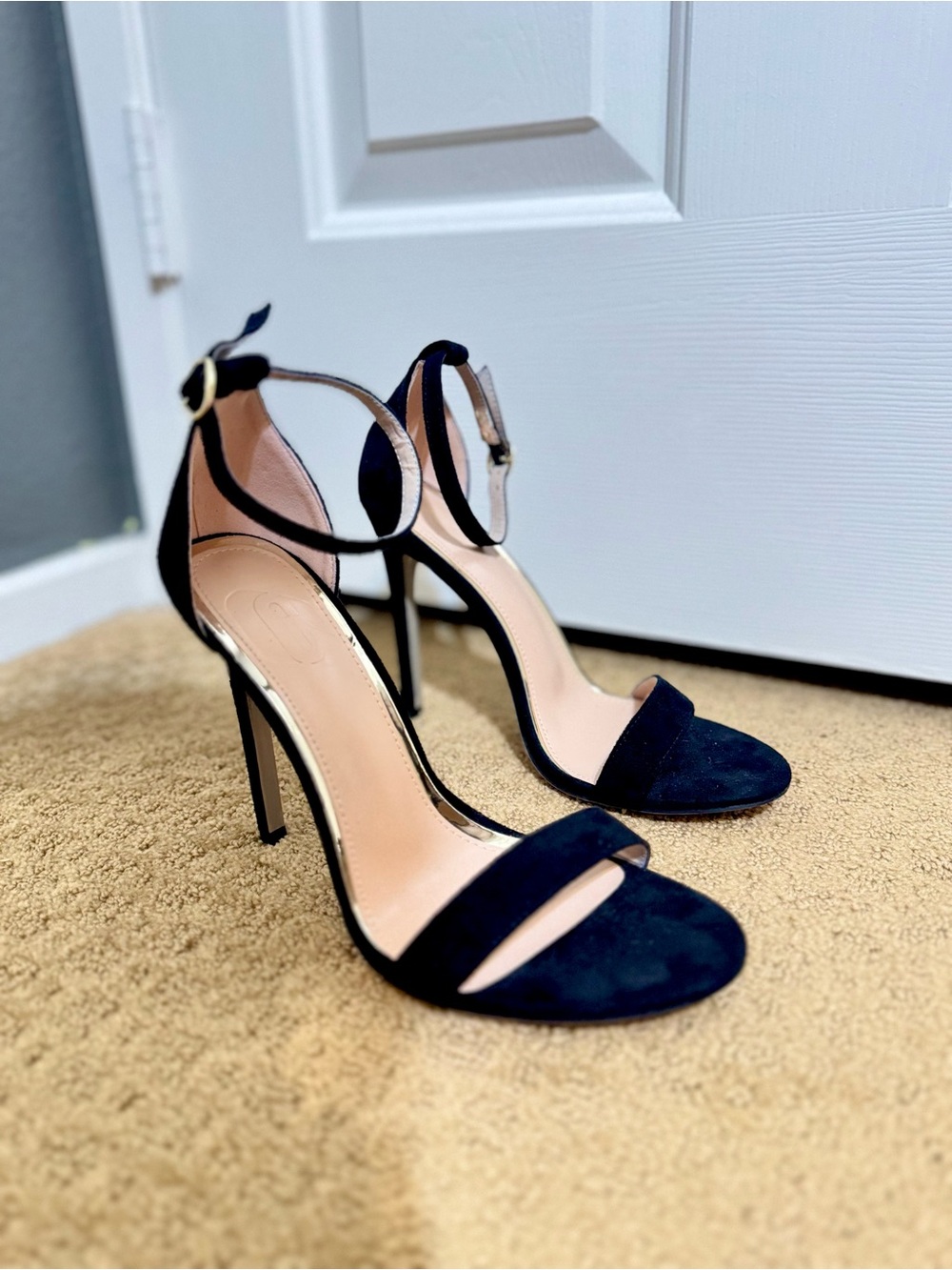 Black Suede Strappy Stiletto Heels with Gold Detail |SIZE 8.5